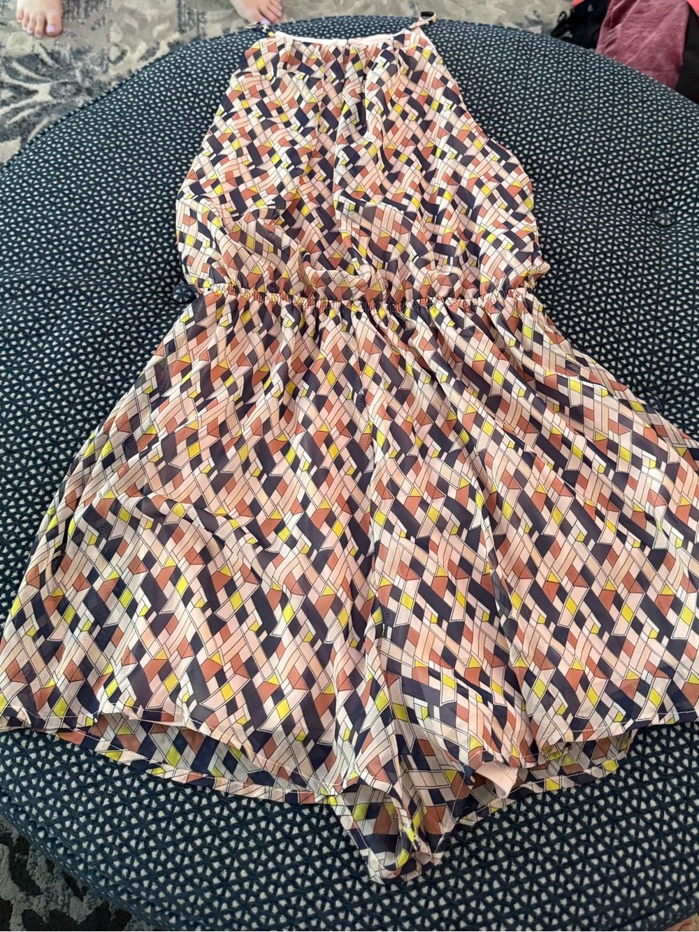 Lush Peach, Navy & Yellow Geometric Halter Romper